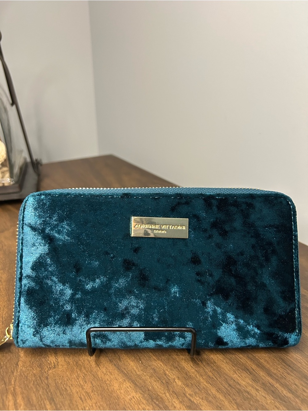 Adrienne Vittadini Teal Crushed Velvet Zip Around Continental Wallet Like New